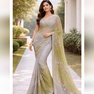 Gorgeous Green & Gray Embroidered Indian Saree - Great Condition